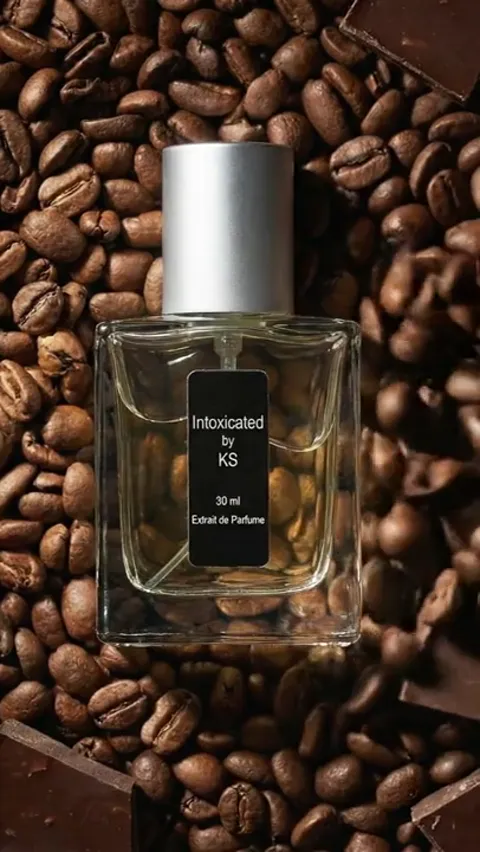 The bottle stands on a scatter of roasted coffee beans, pieces of dark chocolate beside it. Clear glass, a black label w