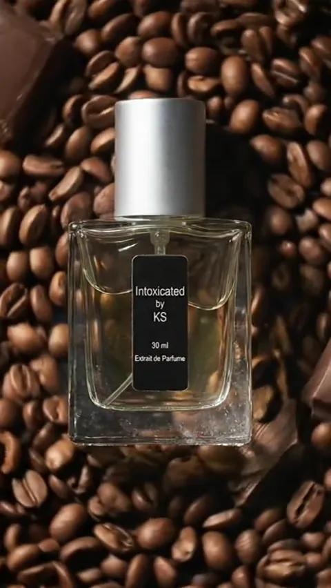 The finale: the bottle at the centre, chocolate and coffee at the edges. Eight seconds have explained the fragrance thro