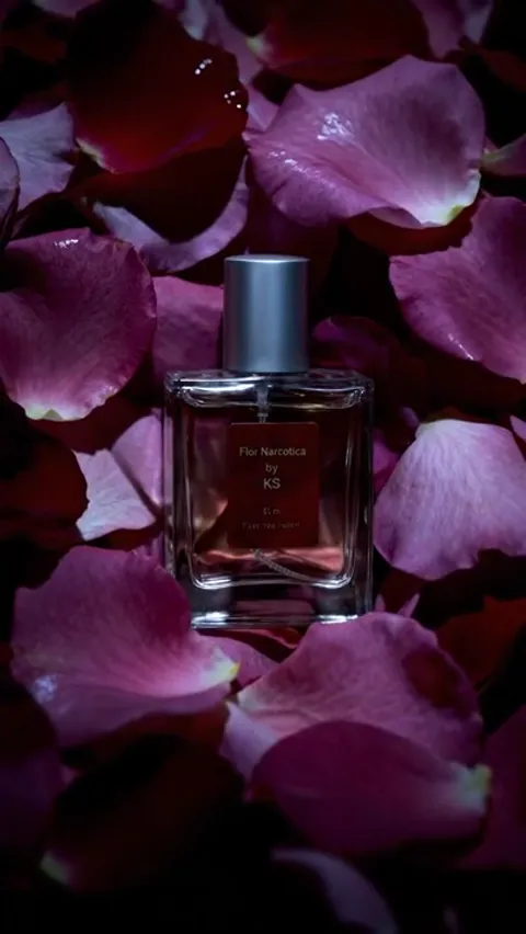 The bottle lies on rose petals under cool light: the petals lilac, the liquid dark, the label black.