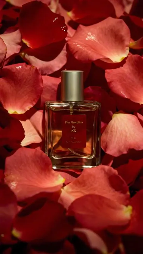 The light warms and the same petals turn scarlet. The bottle has not moved — only the colour of the light changed, and w