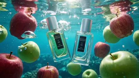 Underwater in turquoise: two bottles hang side by side, red and green apples drifting around them. Light comes down in s