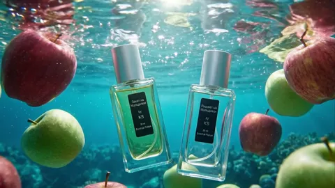 The bottles turn and the apples rise. The water refracts softly — glass and water in one frame read as two different tra