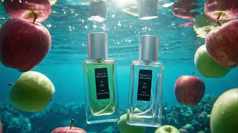 Closer: the labels are legible, bubbles running up the glass. The freshness of the scent is carried by the setting rathe