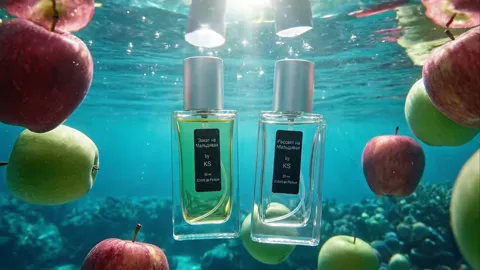 The finale: both bottles centred, the apples around them. Eight seconds have assembled a scene that in live production w