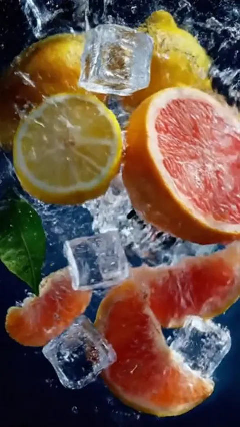 A dark ground, cut citrus and ice cubes: lemon, grapefruit, lime, water beading on them. No bottle in frame yet.