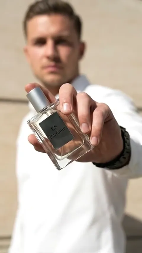 His hand turns the bottle slightly and light runs along a facet. The liquid inside goes warm — its colour only shows bac