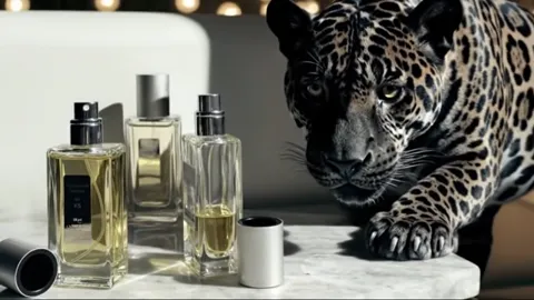 The animal comes closer to the bottles, its markings in focus. The scale is set: the largest bottle is about the size of