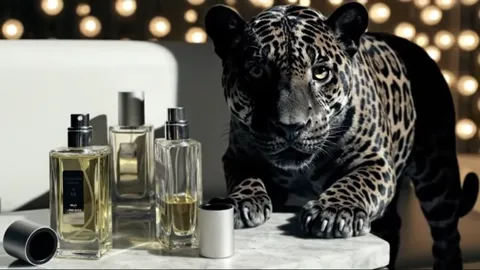 The jaguar beside the shelf, the bottles in the foreground. The liquids differ in tone — from almost clear to deep amber