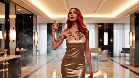 The frame opens: a bright interior with a marble floor behind her. The smoke trails out — a visual metaphor for scent ta