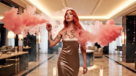 The smoke fills half the frame as she walks forward. The pink cloud holds its shape rather than dispersing — a controlle