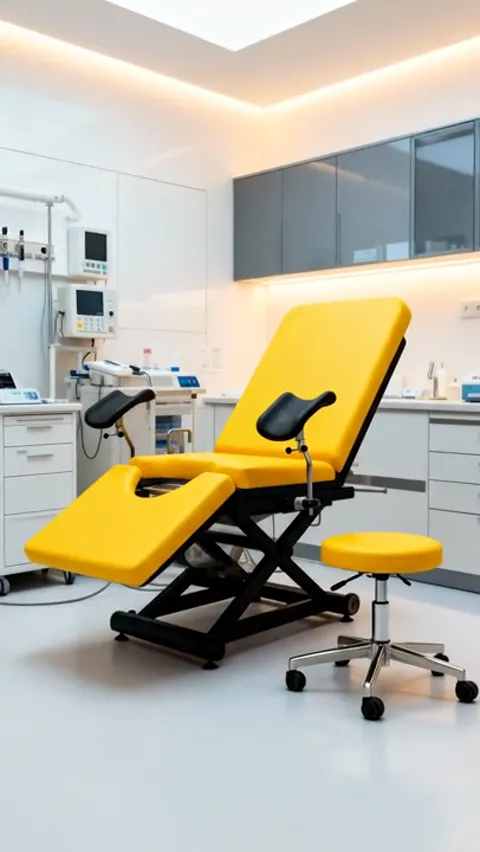 A treatment room: a yellow examination chair on a black scissor base, a round wheeled stool beside it, equipment along t