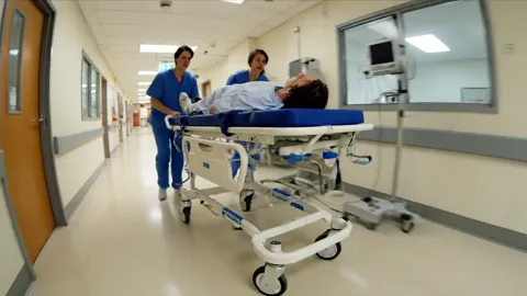 A hospital corridor: two nurses push a trolley with a patient. A pale frame, a blue mattress, drop-down rails along the 
