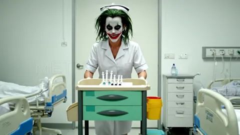 A hospital ward: a nurse at a procedure trolley of syringes, two functional beds behind her, a patient in the far one. F