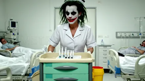Closer, and her face becomes visible — Joker makeup. What read as documentary footage turns out to be staged.