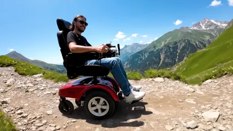 A mountain trail over a valley: a man in a dark t-shirt drives a red powered wheelchair across rock. Clear sky, alpine m