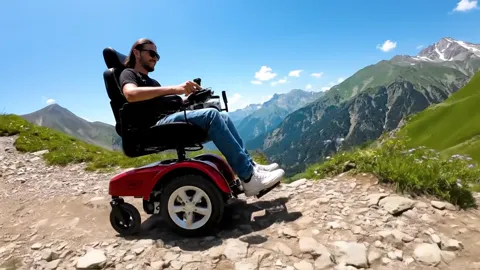 The chair crosses a rough section. The front wheels are smaller than the rear and the suspension works the stones — the 