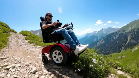 A side frame on the climb. The seating reads: a high back, the headrest in place, the joystick under the right hand.