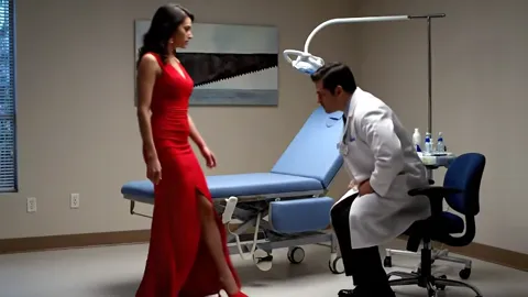 An examination room: a blue couch on a metal base, a doctor on a stool, a lamp on an arm. A woman in a red dress enters.