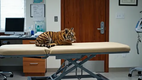 An examination room: a couch on a pale scissor base with a tiger cub lying on it. A workstation with a monitor behind, d