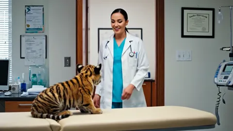 The cub sits up, the doctor beside it. The width of the deck reads: an animal the size of a large dog takes up less than