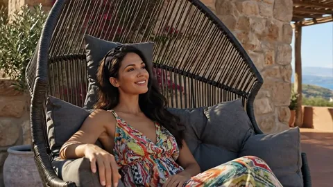 The finale: the woman in the chair, the sea behind. Eight seconds have shown the size of the chair against a person — on