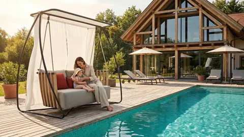 A poolside terrace with a glazed house behind: a woman and child sit on a garden swing under a fabric canopy. The side c