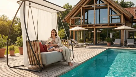 The back swing, the curtain sways. The canopy height against the sitters reads: it clears their heads and shades the who