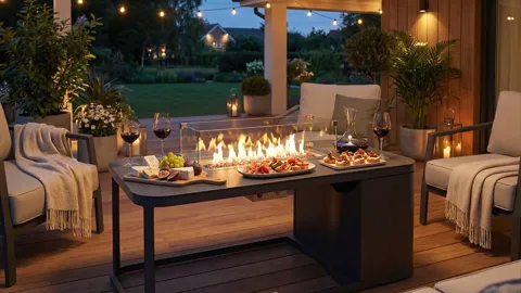 An evening veranda strung with lights: a long table, armchairs with throws along it, an even line of flame burning down 