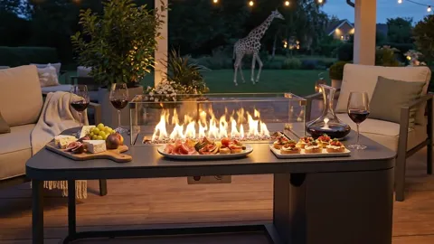 The finale: fire along the whole length, place settings either side, the giraffe deep in frame. Eight seconds have shown
