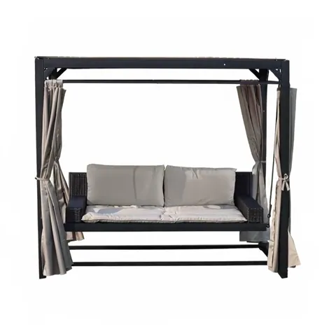 The swing bed on white: a black rectangular frame on four posts, a cushioned bench suspended inside, curtains tied at th