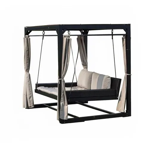 It rotates: the suspension is fully visible. The bench hangs on four cables from the upper frame rather than on chains f