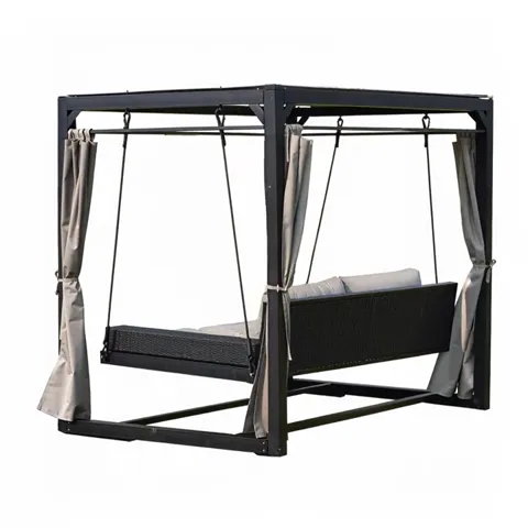 From behind: the back of the bench, and the frame proving square in plan. The curtains can be drawn on all four sides.