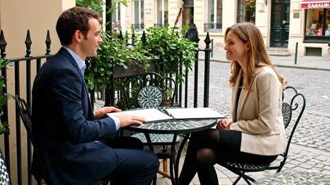 The finale: both at the table, the terrace entire. Eight seconds have shown the set in a scenario rather than as a table
