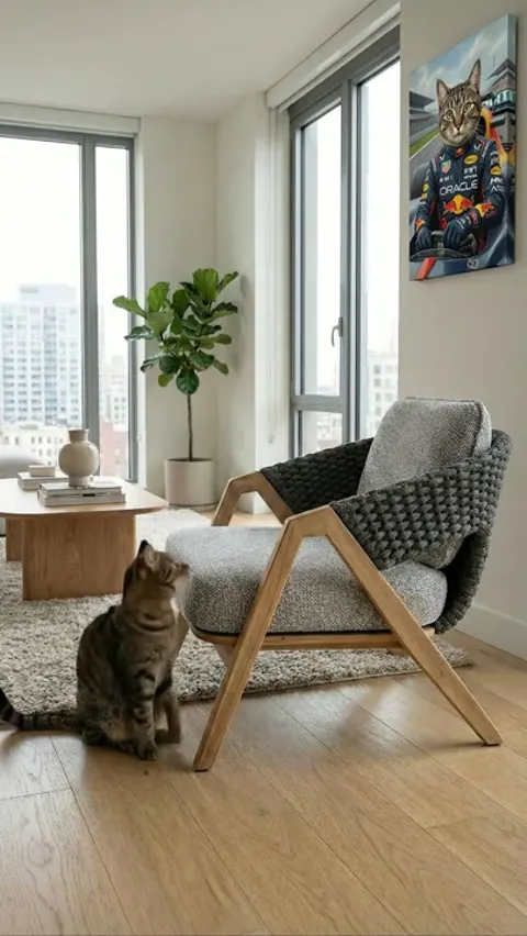 A bright apartment with floor-to-ceiling windows: an armchair on a triangular wooden frame, its back in a chunky knit. A