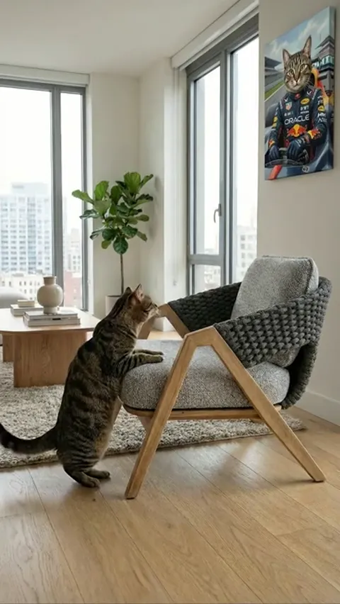 The cat puts its paws on the seat. The cushion gives under a modest weight — the density of the filling shown without a 