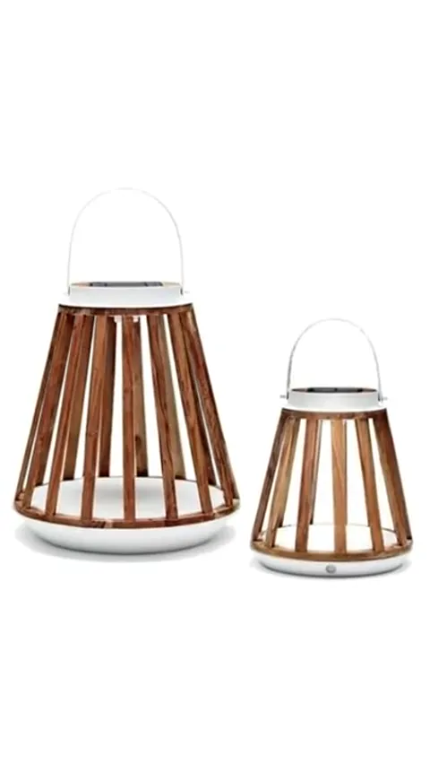 Two lanterns against white: conical teak-slat bodies with a metal handle on top, in two sizes. The light is off.