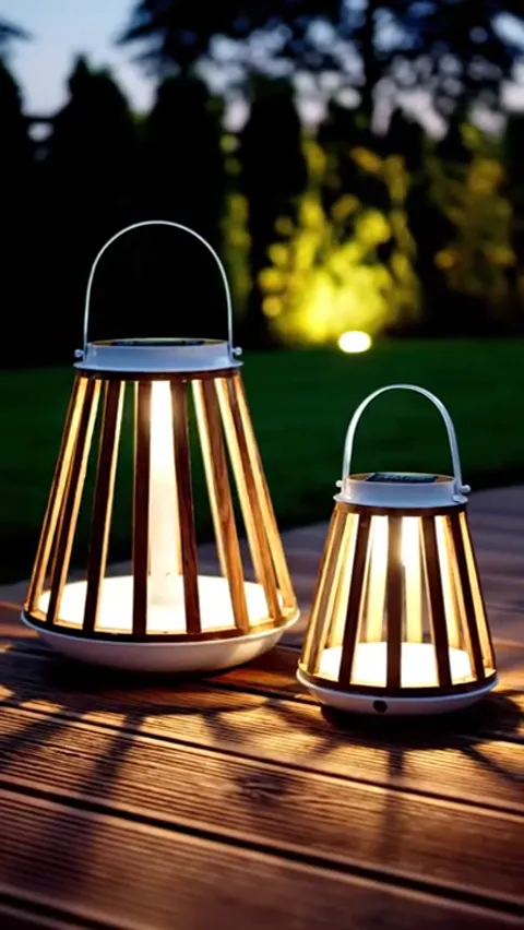 A cut to a terrace at dusk, the lanterns lit. Light escapes between the slats and lays bands across the decking.
