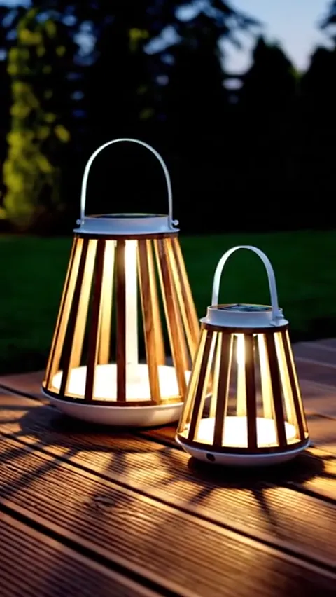 The finale: both lanterns burning in the dark, the garden lit behind them. Eight seconds have shown what an outdoor lamp