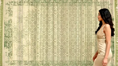 The rug hangs vertically across the whole wall: a pale field with a fine green botanical pattern. A woman in a beige dre