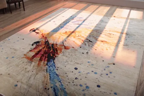 Sunset light comes through the window and lays long bars across the rug. The warm light pulls out the rust in the design