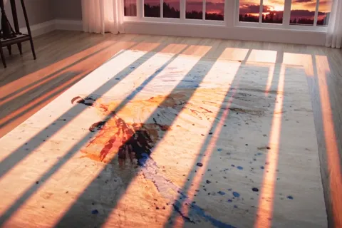 The finale: sunset outside, the rug ruled by the shadows of the window bars. Ten seconds have shown how the rug lives un