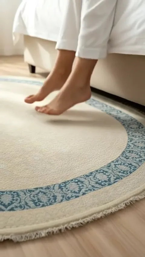 A round rug beside a bed: a cream field, a blue-teal border of botanical ornament, a short fringe round the edge. Bare f