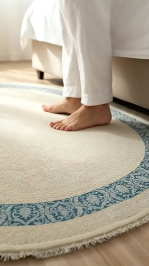 The feet settle into the pile. The pile is deep: the toes sink and a ridge rises around the foot.