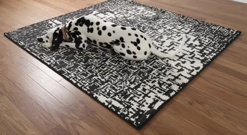 The dog walks along the rug. Its spots and the rug pattern share a palette — the animal nearly merges into it, which sho