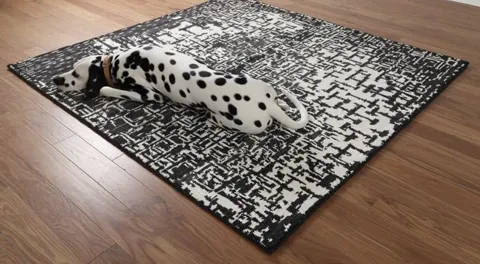 The dalmatian lies down. The pile is low and dense: the dog rests without sinking, and the outline of the rug stays flat