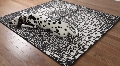 The finale: the dog lying across it, the rug beneath almost fully visible. Ten seconds have shown the scale and the fact