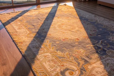 The sun drops and broad bars of warm light fall across the rug. The blue field turns gold, the cream ornament almost ora
