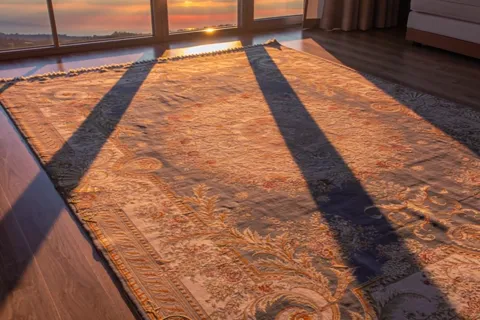 Warmer still, the window-bar shadows cutting the rug into stripes. In shadow the original cool tone survives — one frame