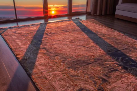 The finale: sunset in the window, the rug in pink and lilac. Ten seconds have shown the product at three colour temperat