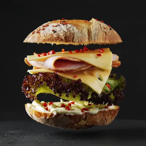 A burger exploded into layers, hanging in the air against black: the top half of the bun, cheese, ham, lettuce, sauce on